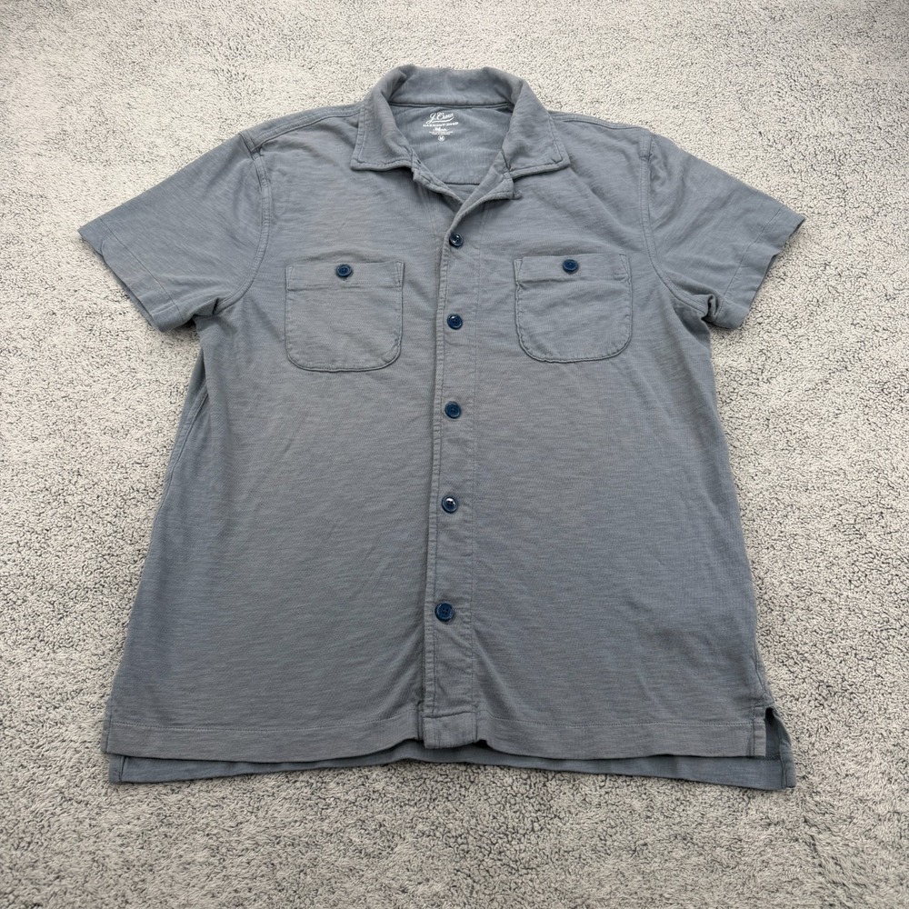 J Crew Shirt Mens Medium Blue Camp Collar Garment Dyed Double Pocket Slub Knit